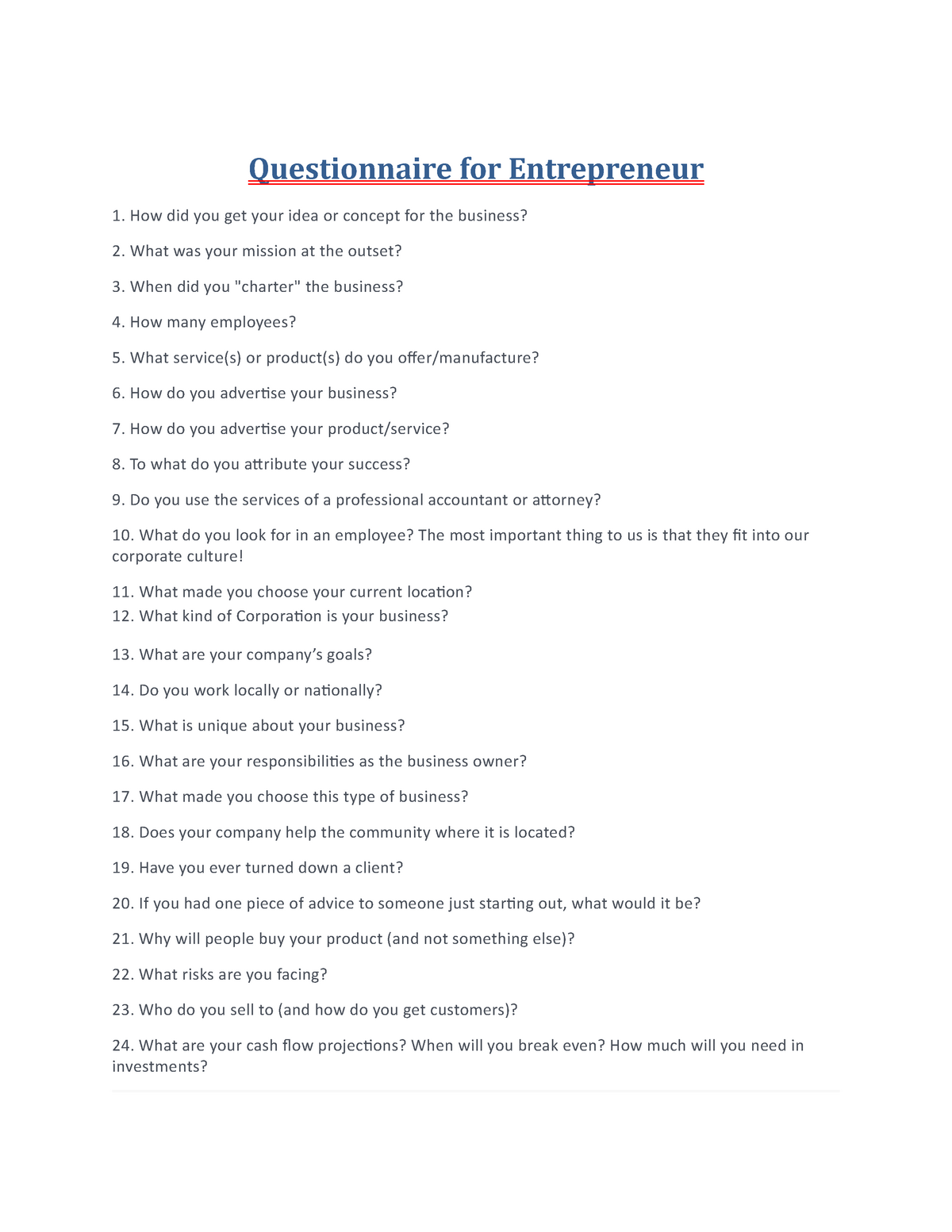 Questionnaire For Entrepreneurship And Business Plan Development For Business Plan Questionnaire Template