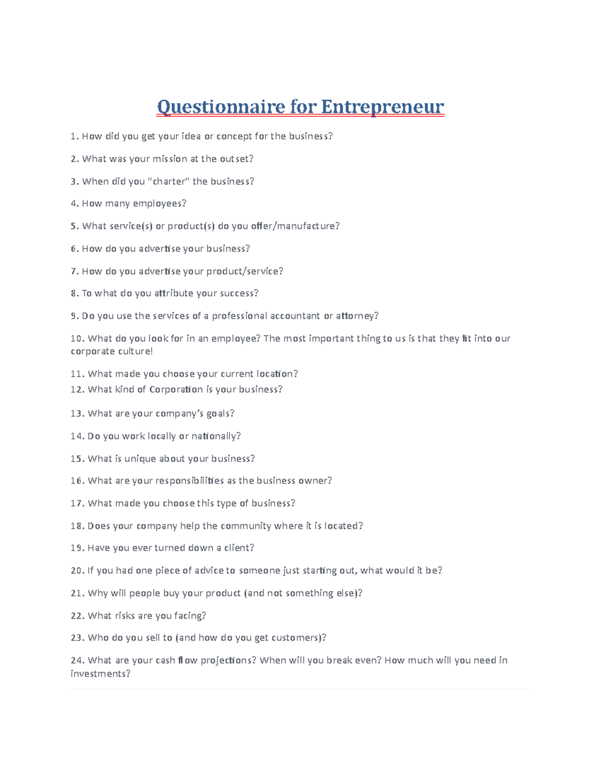 survey questionnaire business plan