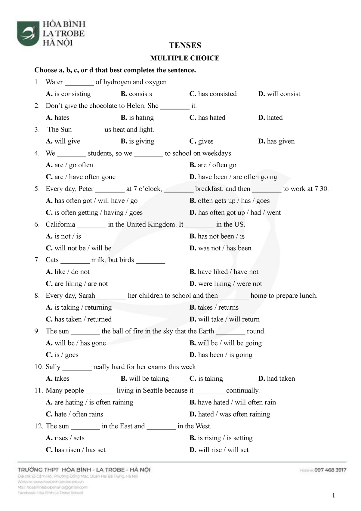 9 - Tenses - Grammar - TENSES MULTIPLE CHOICE Choose A, B, C, Or D That ...