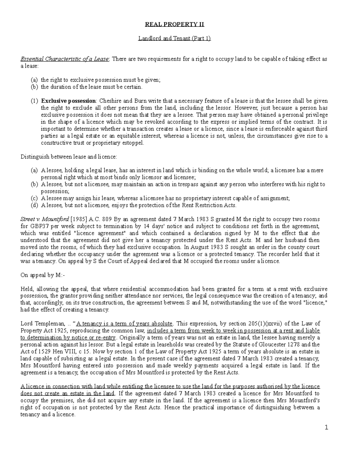 Landlord and Tenant 23 - The Nature of the Lease Agreement a - Real Pertaining To excluded licence lodger agreement template