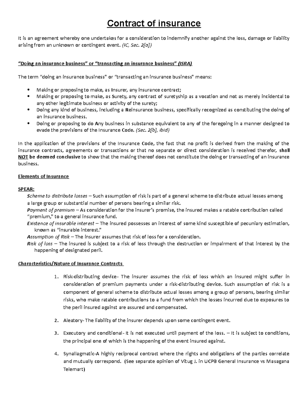 399514416 Insurance Reviewer docx - Contract of insurance It is an ...