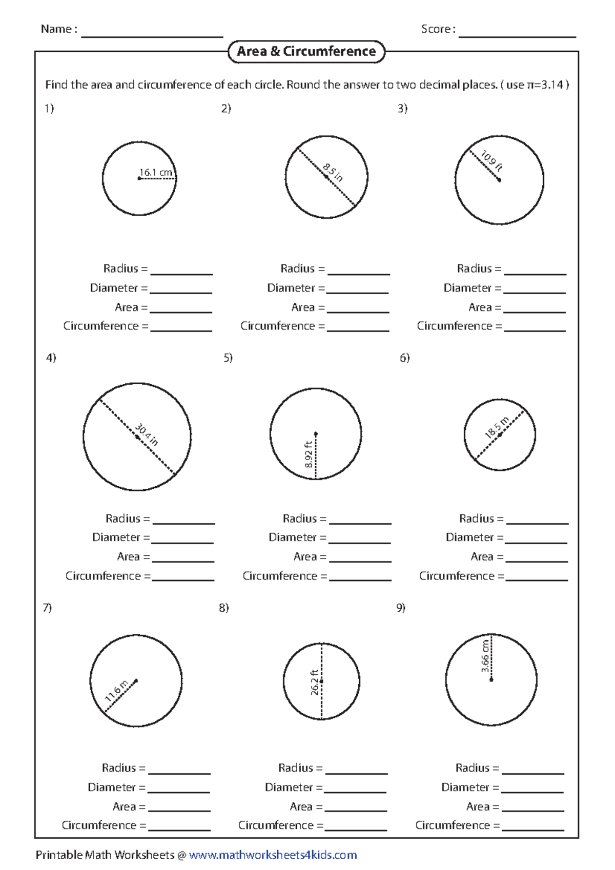 Annotated-Area%20and%20Circumference - Name : Score : Printable Math ...