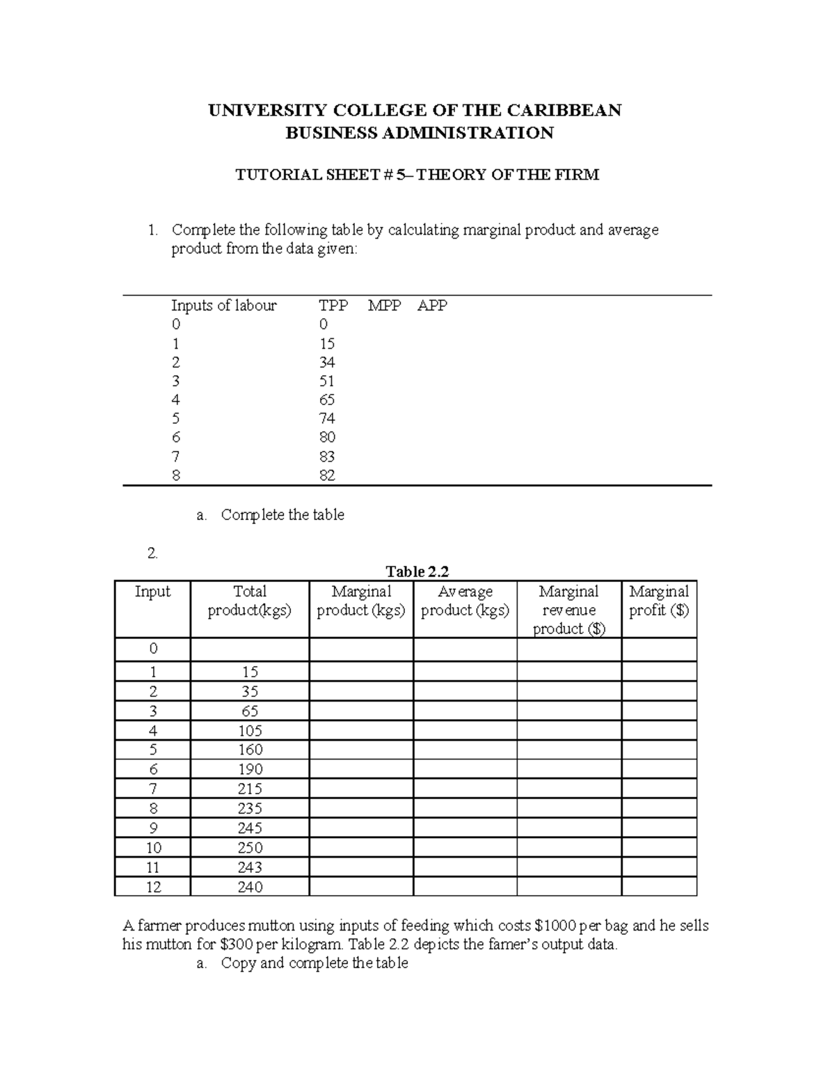 UCC - Tutorial Sheet 5 - Practice - UNIVERSITY COLLEGE OF THE CARIBBEAN ...