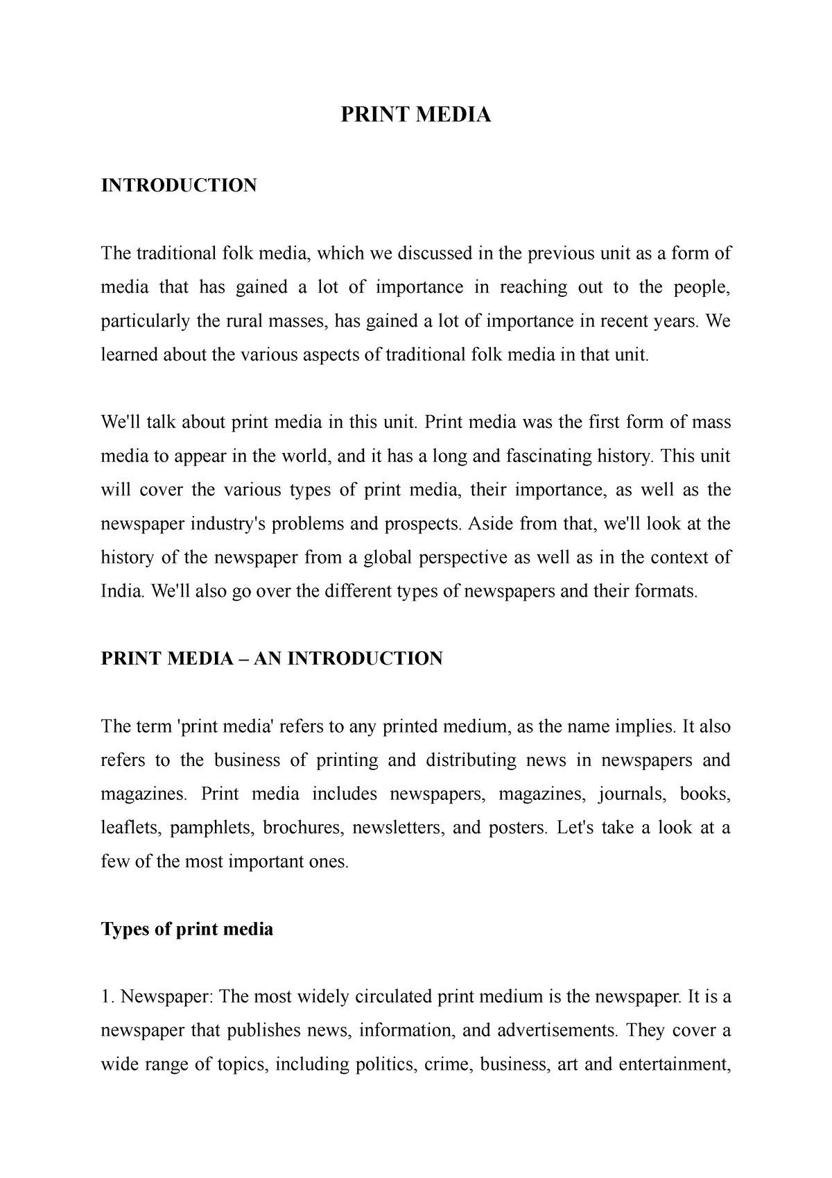 print media introduction essay