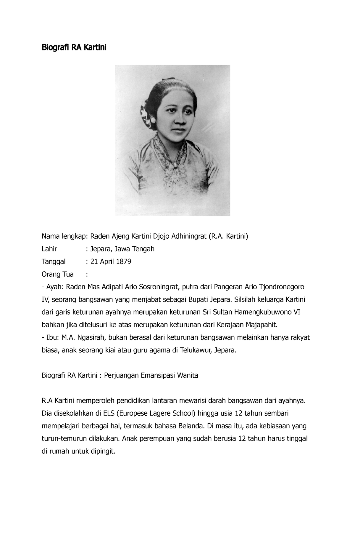 Biografi Ra Kartini Biografi Ra Kartini Nama Lengkap Raden Ajeng