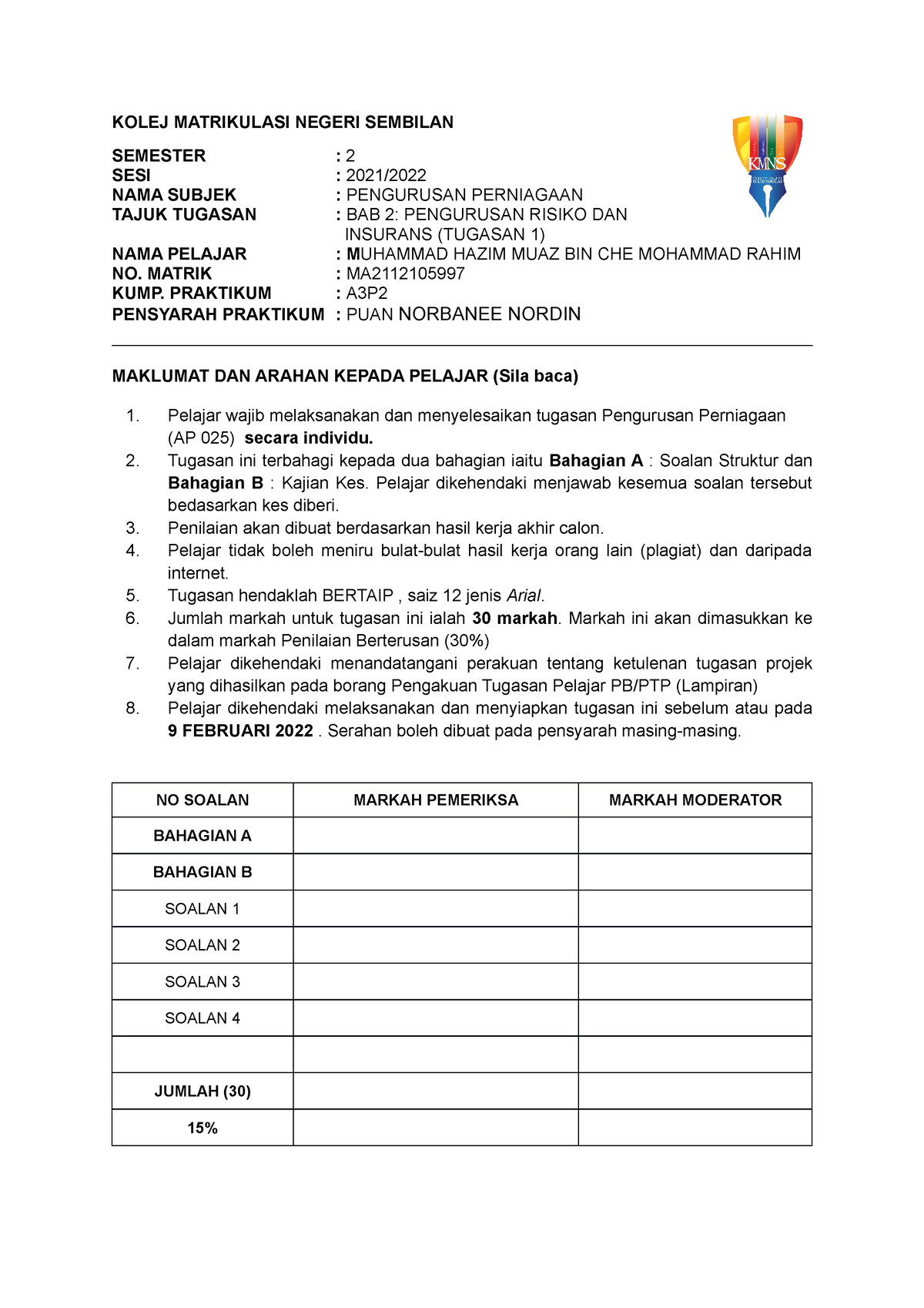 assignment account matrikulasi