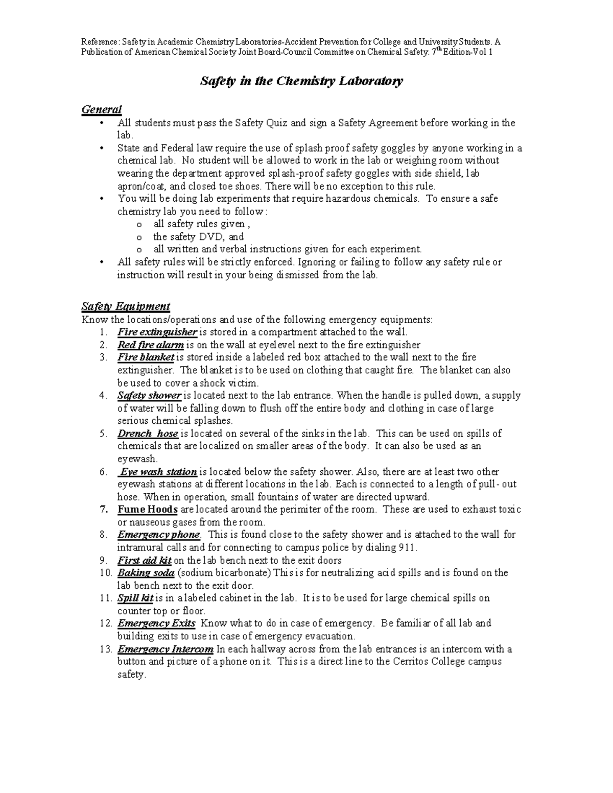Cerritos Safety in the Chem Lab June 11 -09 - Reference: Safety in ...