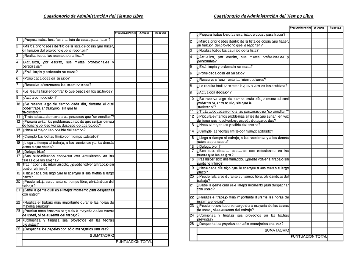 Test Para Evaluar La Administracion Del Tiempo