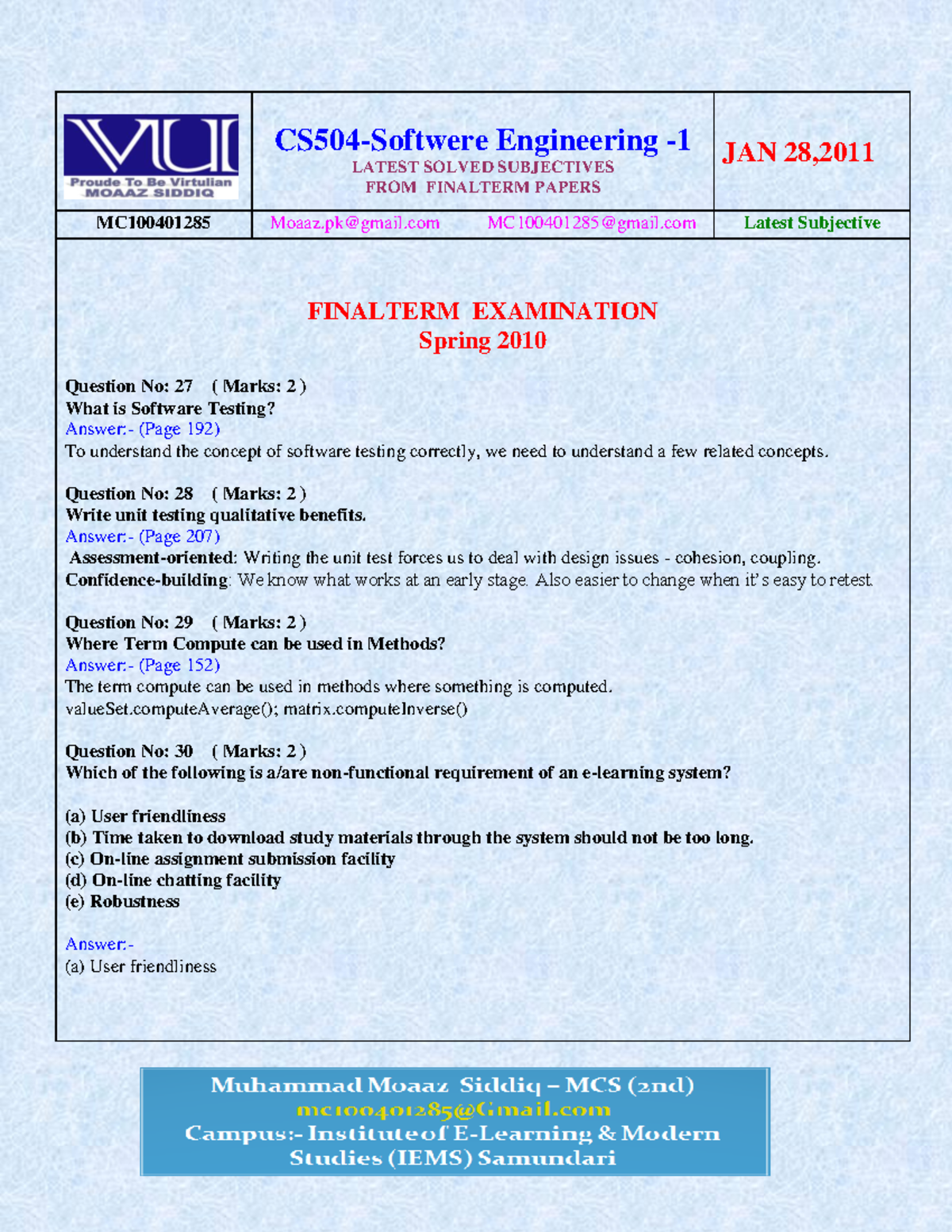 Cs504 final term subjectives solved with references by moaaz - CS504 ...