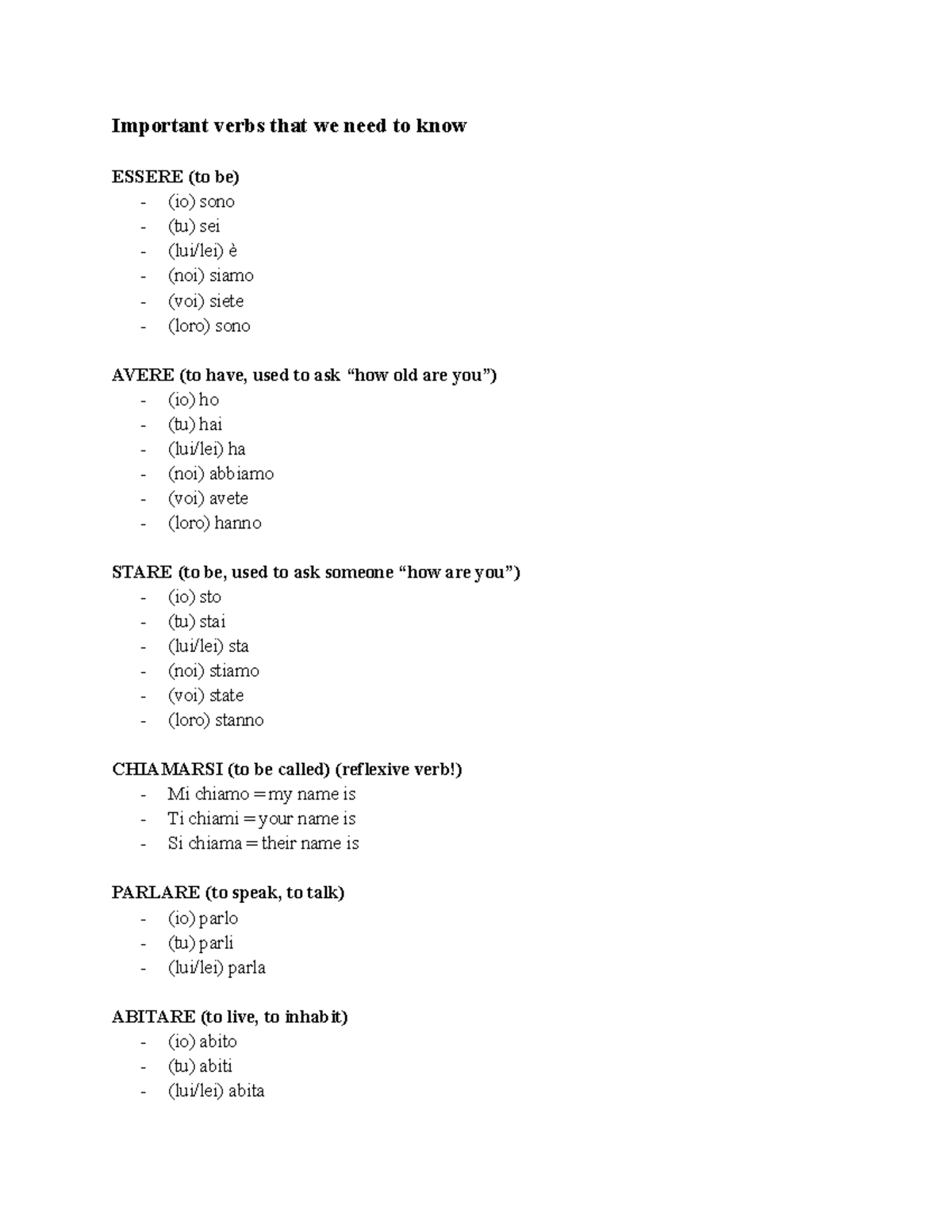 ITAL 101 notes for quiz 1 UBC - Important verbs that we need to know ...