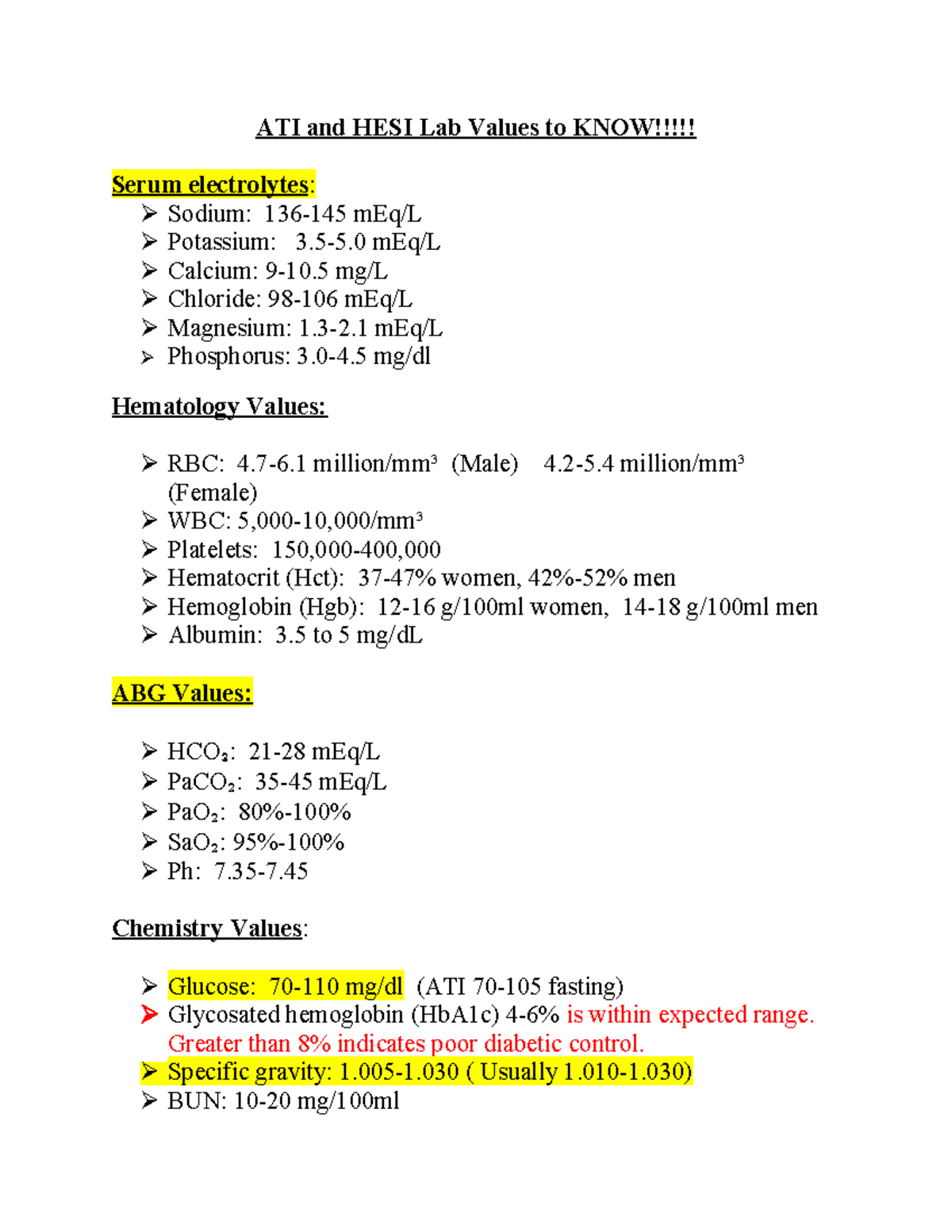 Peds Lab Values document ATI and HESI Lab Values to KNOW!!!!! Serum