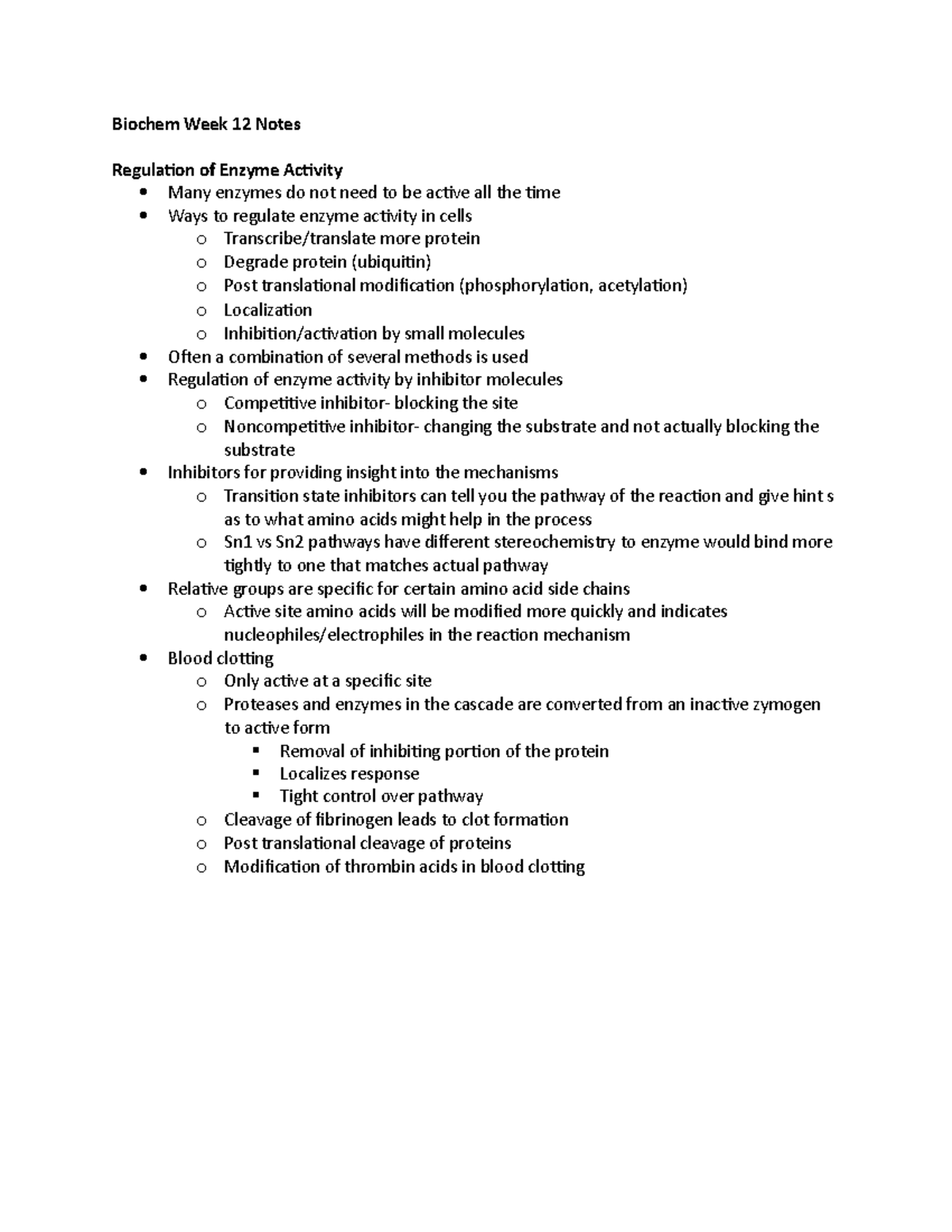 Biochem week 12 notes - Biochem Week 12 Notes Regulation of Enzyme ...