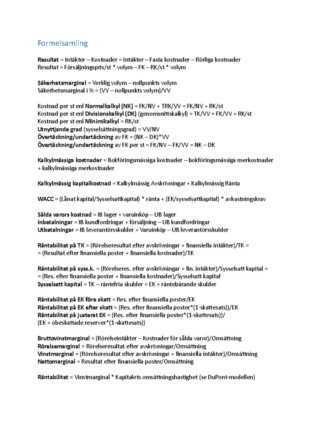 Formelsamling Ekonomi- Och Verksamhetsstyrning A - Formelsamling ...