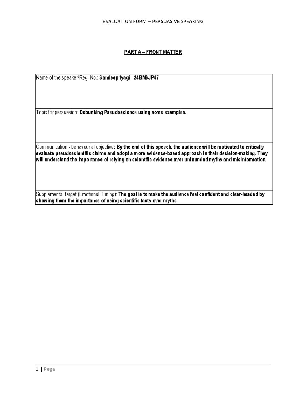 Persuasive speech script-Sandeep tyagi - PART A – FRONT MATTER Name of ...