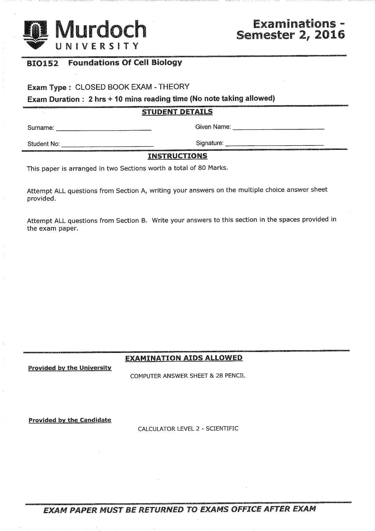 2016-2019 Past Exam Papers - BIO152 - Studocu