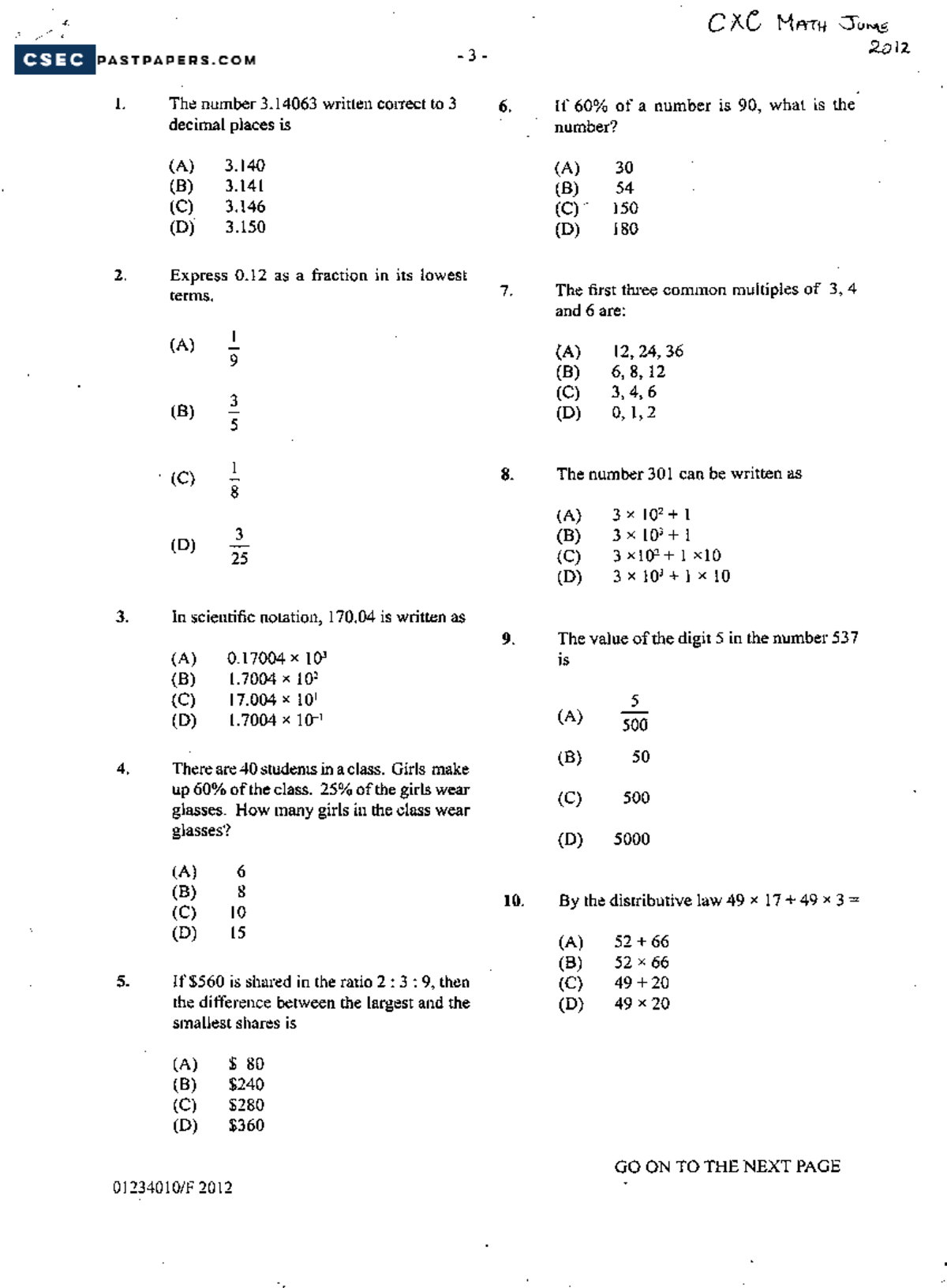 June 2012 p1 - maths p1 past papers - Mathematics - Studocu