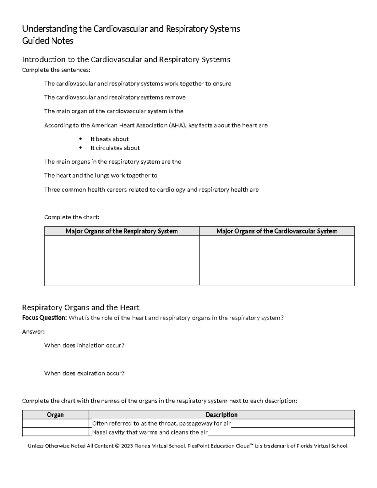 Guided notes understanding the cardiovascular and respiratory systems ...