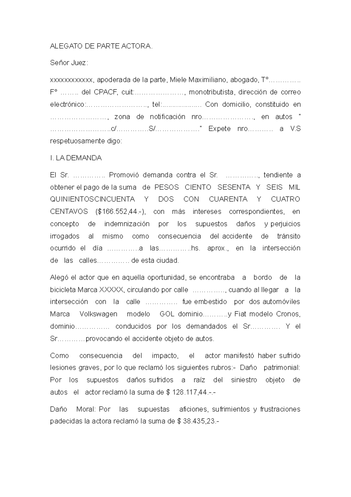 PPB4-P3 - alegato de parte actora - ALEGATO DE PARTE ACTORA. Señor Juez ...