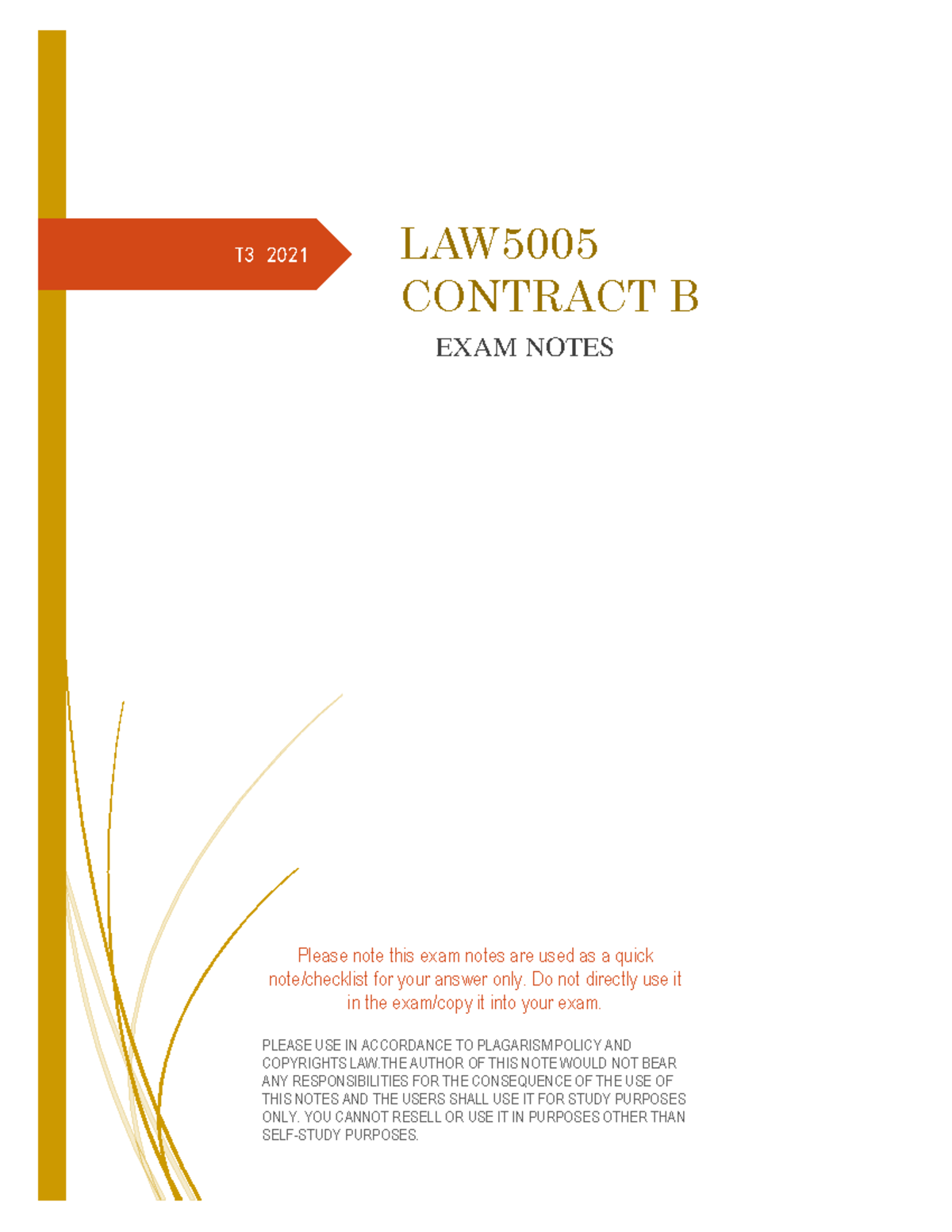 Law 5005 t3 contract b exam notes - T3 2021 LAW5005 CONTRACT B EXAM ...