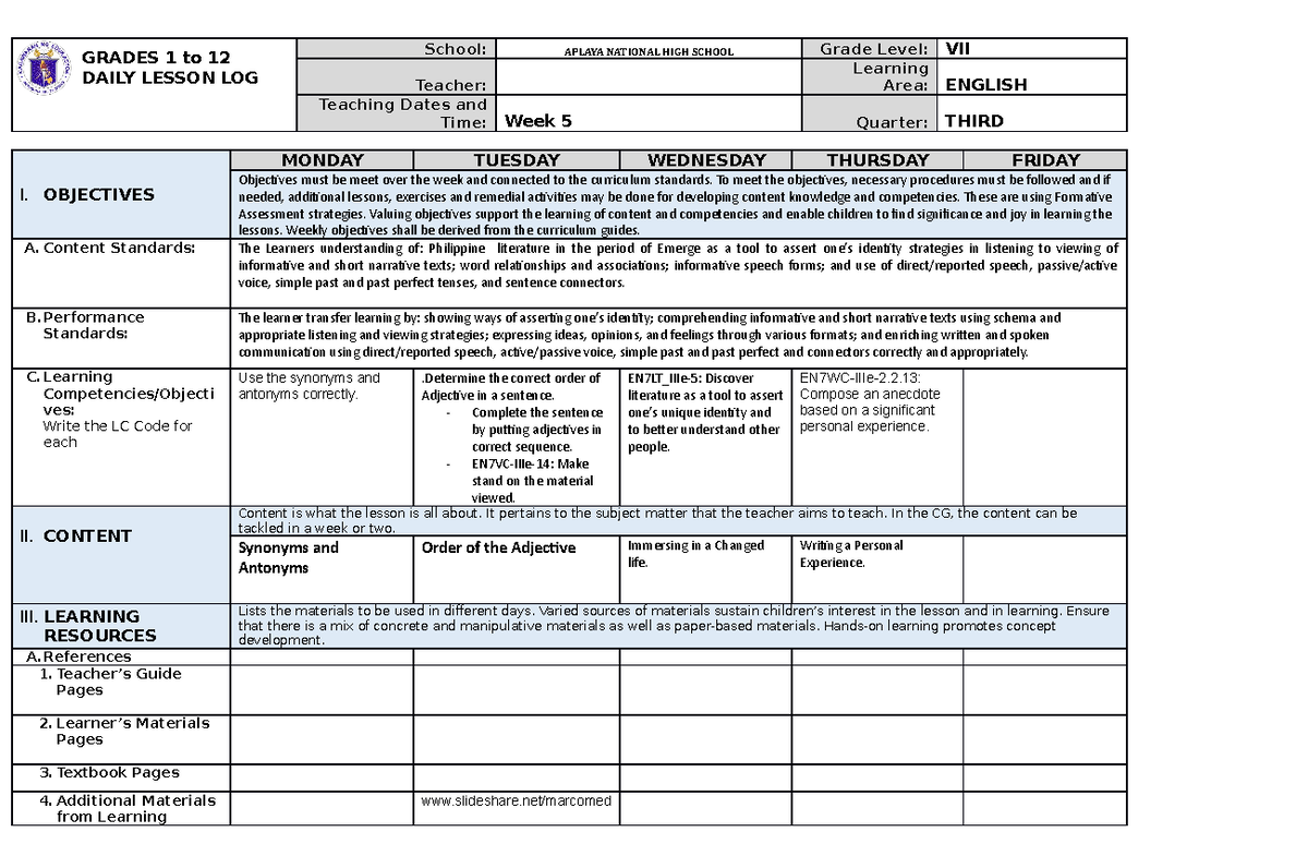 DLL 3rd Qrtr week 5 - English - GRADES 1 to 12 DAILY LESSON LOG School ...