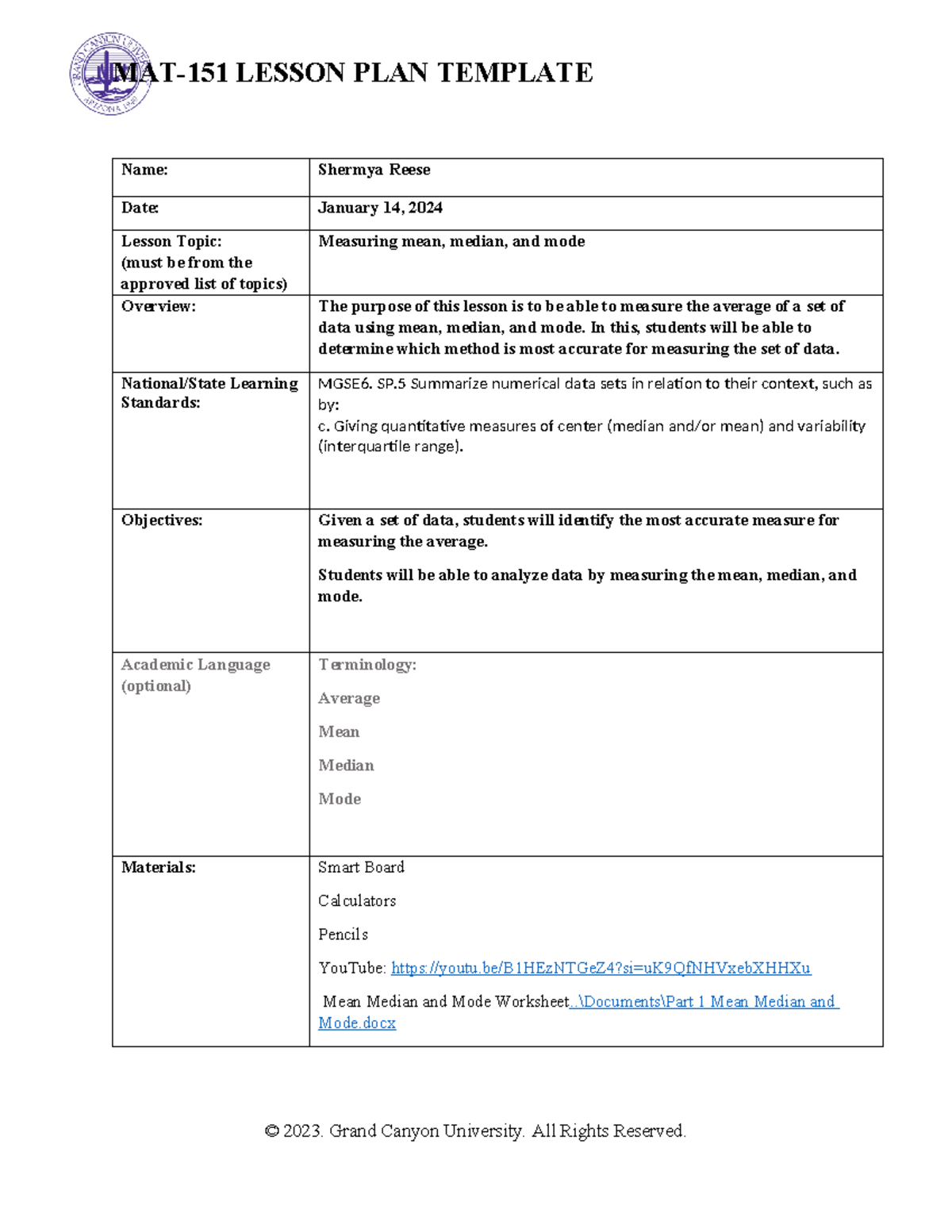 MAT 151 Final Lesson Plan Project - MAT-151 LESSON PLAN TEMPLATE Name ...