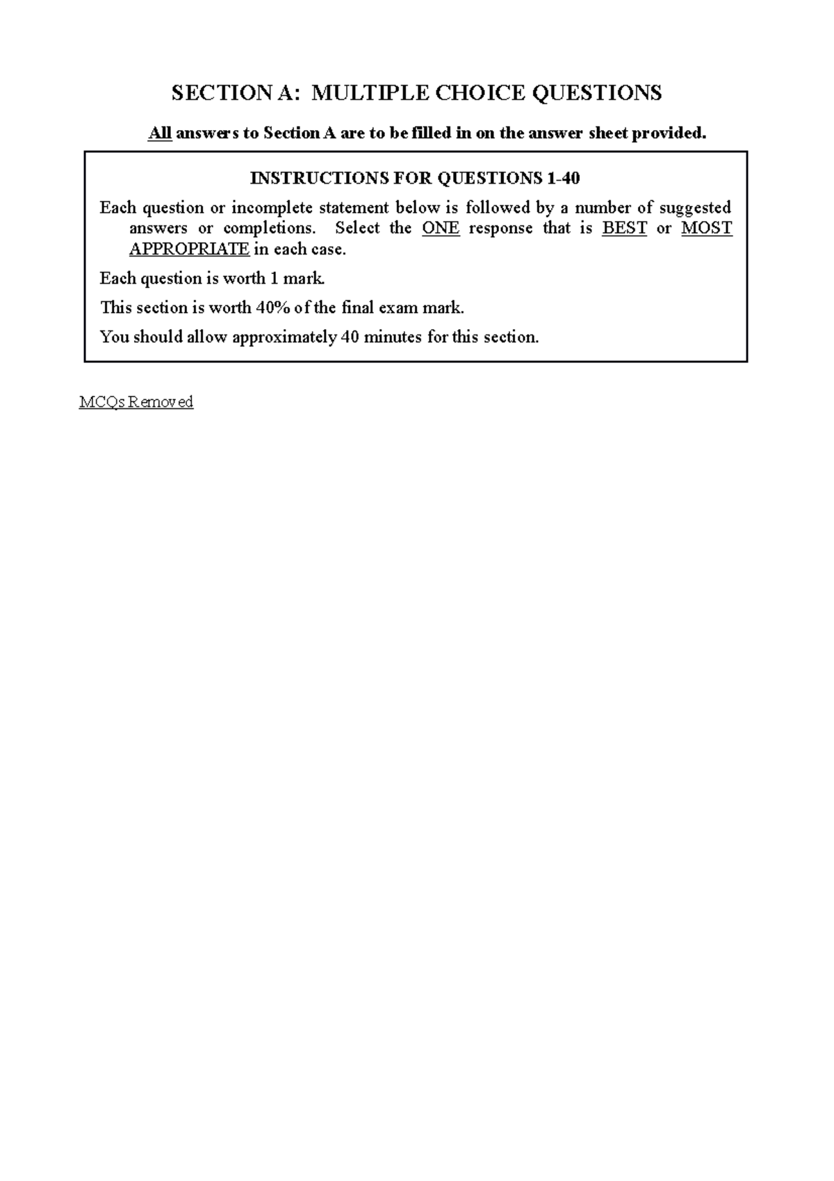 Exam 2013, questions - SECTION A: MULTIPLE CHOICE QUESTIONS All answers ...