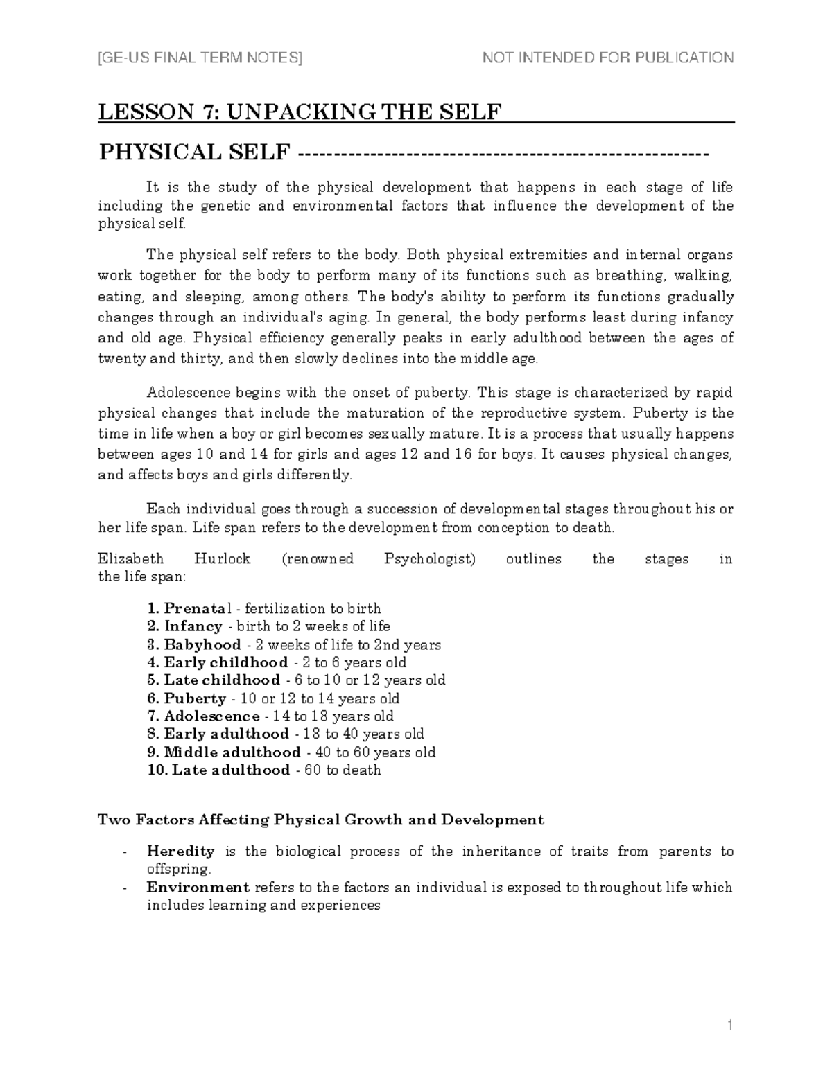 GE US Final TERM Notes - LESSON 7: UNPACKING THE SELF PHYSICAL SELF ...