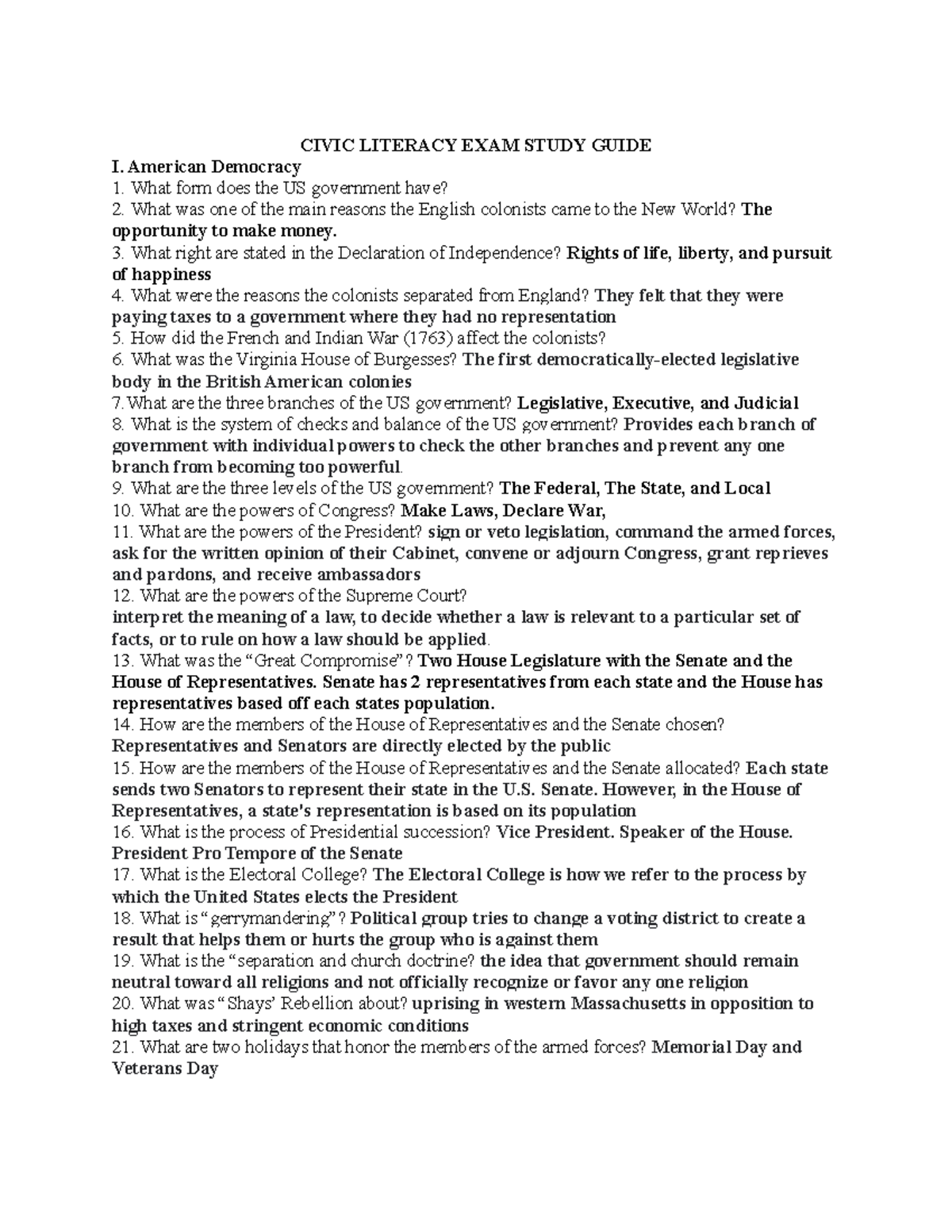 Civic Literacy EXAM Study Guide CIVIC LITERACY EXAM STUDY GUIDE I