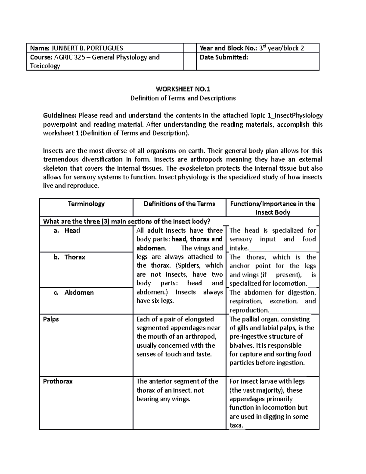 Agric 325 Worksheet 1 Definition-of-Terms - Name: JUNBERT B. PORTUGUES ...