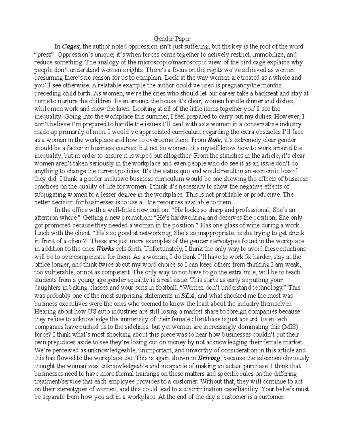 Gender - Summary - Gender Paper In Cages, the author noted oppression ...