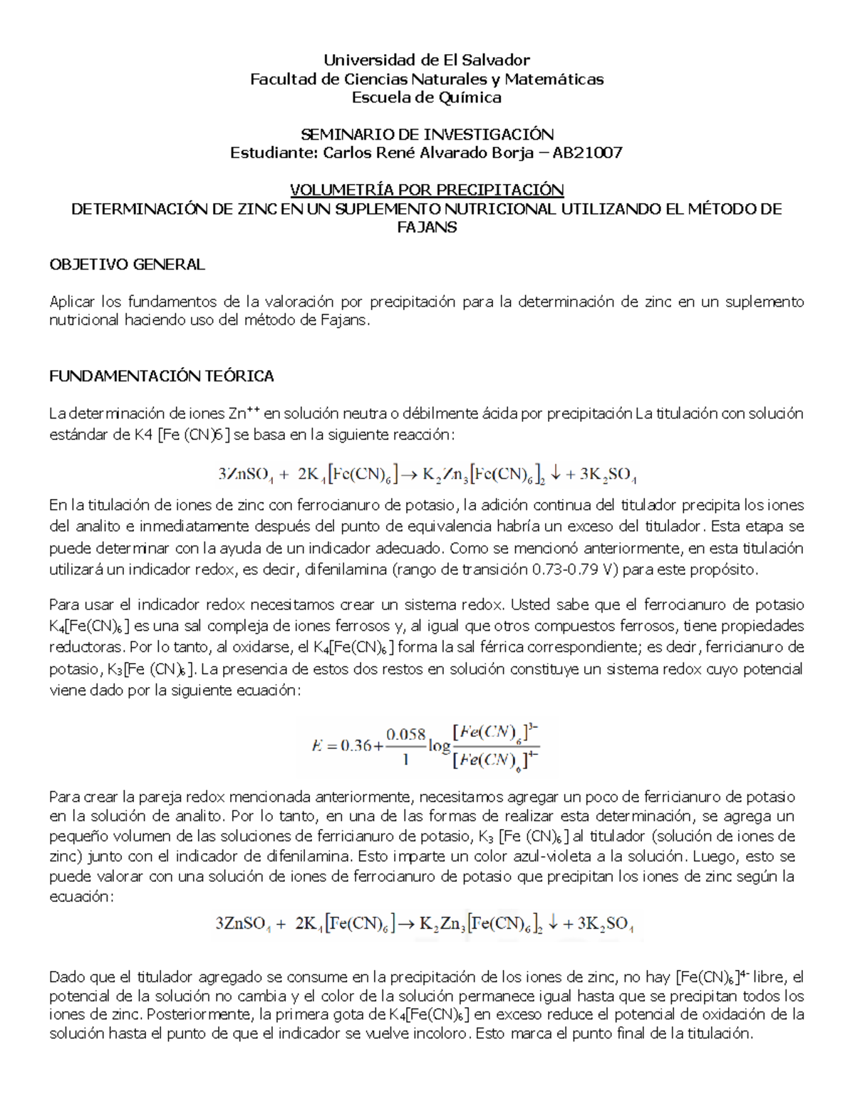 Práctica De Lab 8 Determinación De Zinc Por Volumetría De