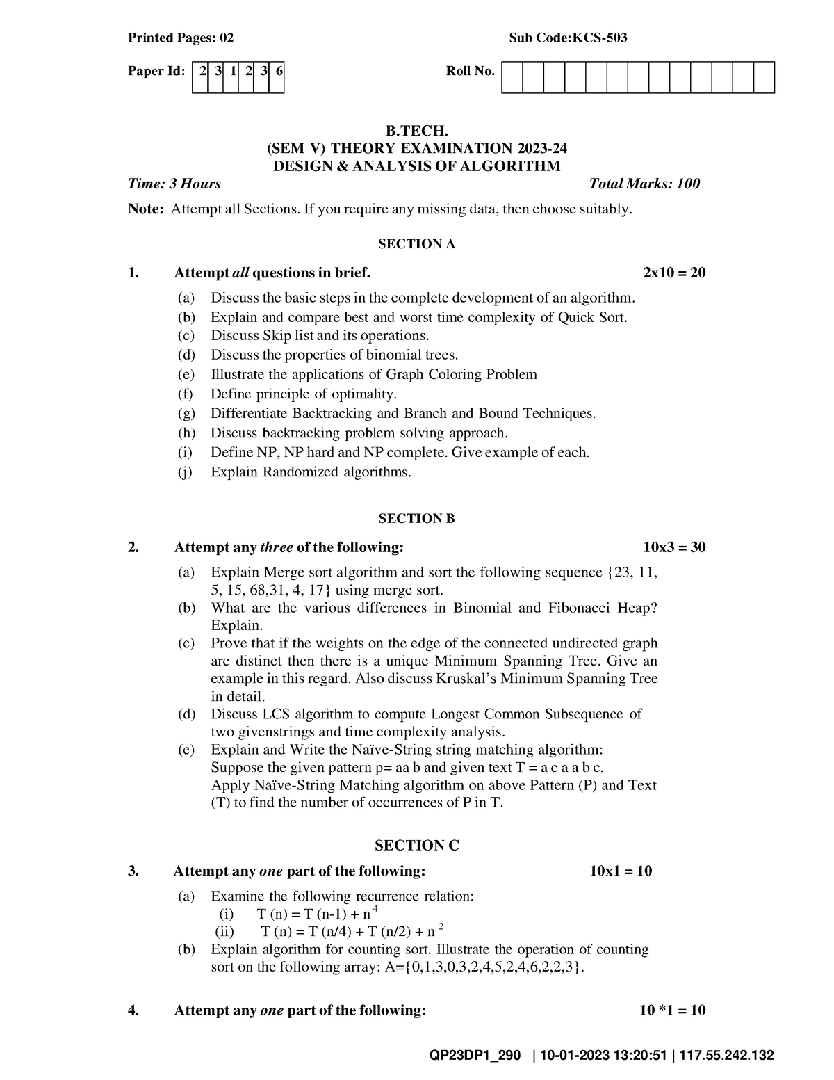 Design Analysis OF Algorithm KCS503 - QP23DP1_290 | 10- 01 - 2023 13:20 ...