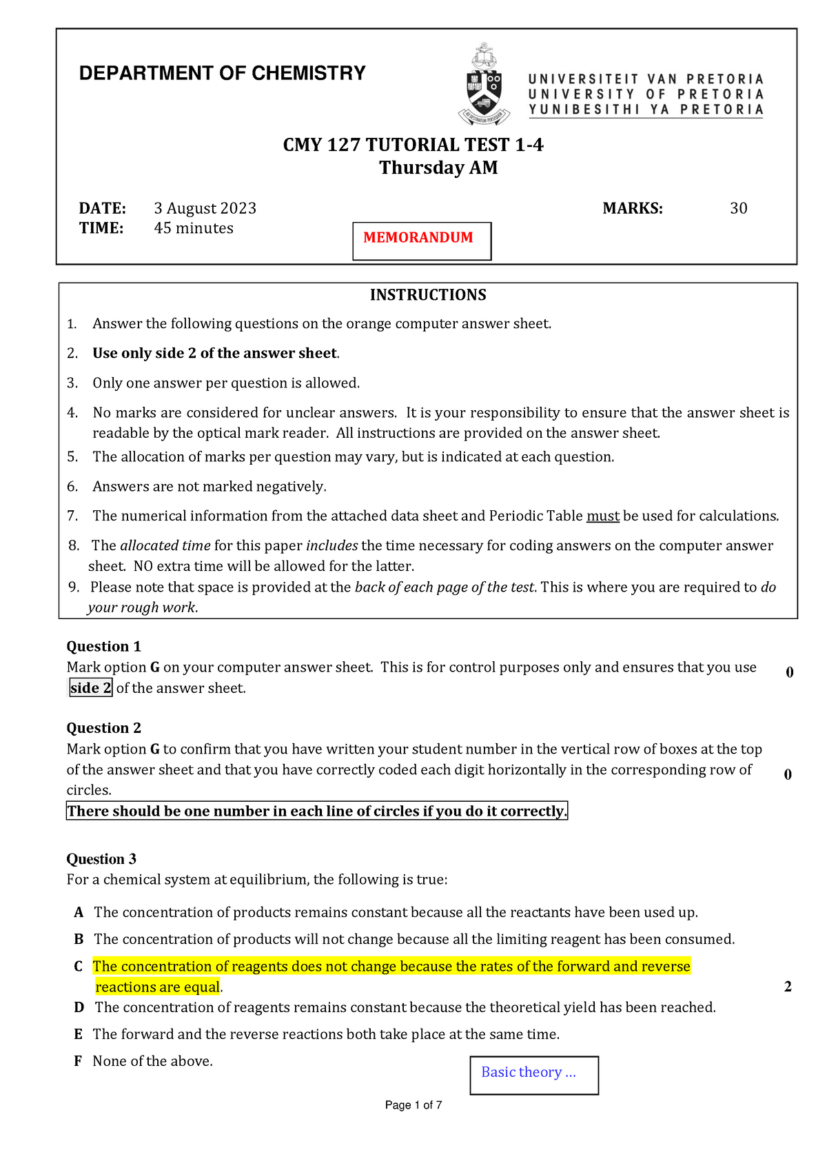 2023 Tutorial Test 1 4 Memorandum - DEPARTMENT OF CHEMISTRY CMY 127 ...