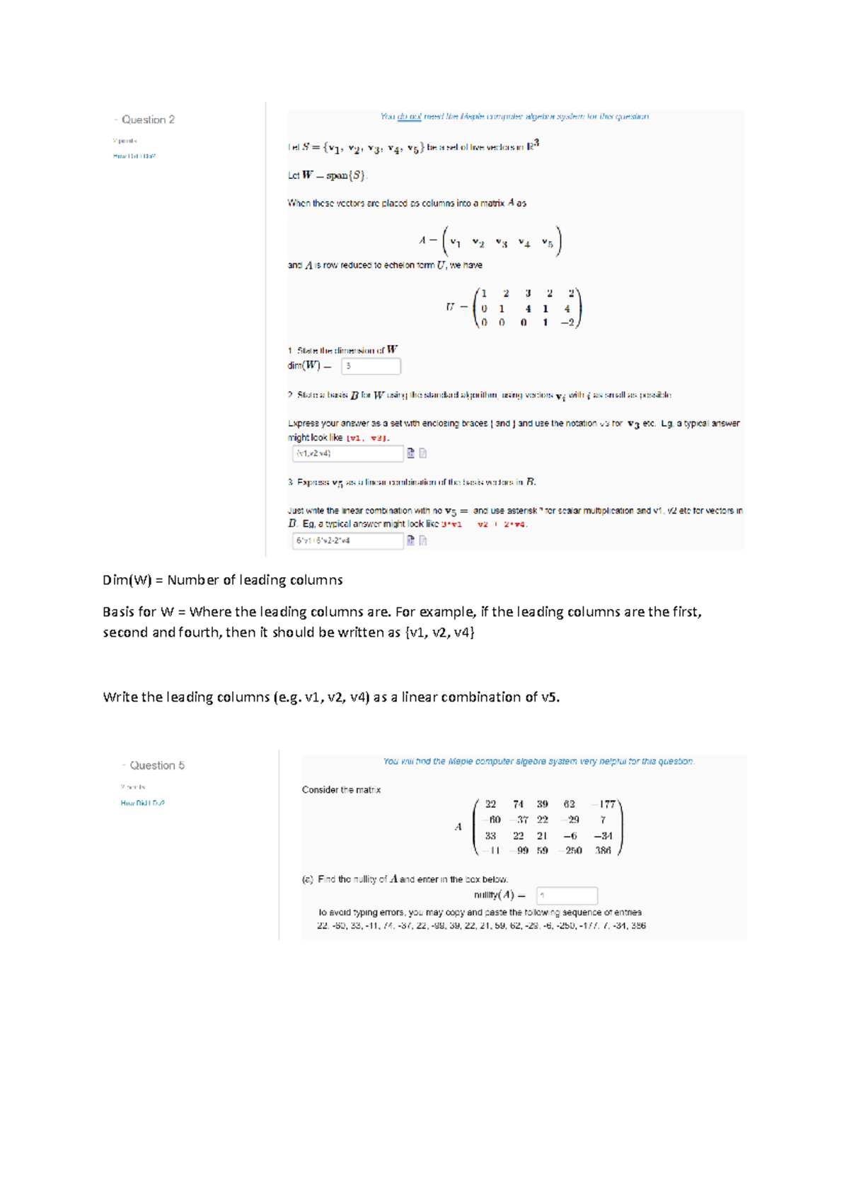 Lab Test 2 - Methods to do some of the questions in lab test 2 - Dim(W ...