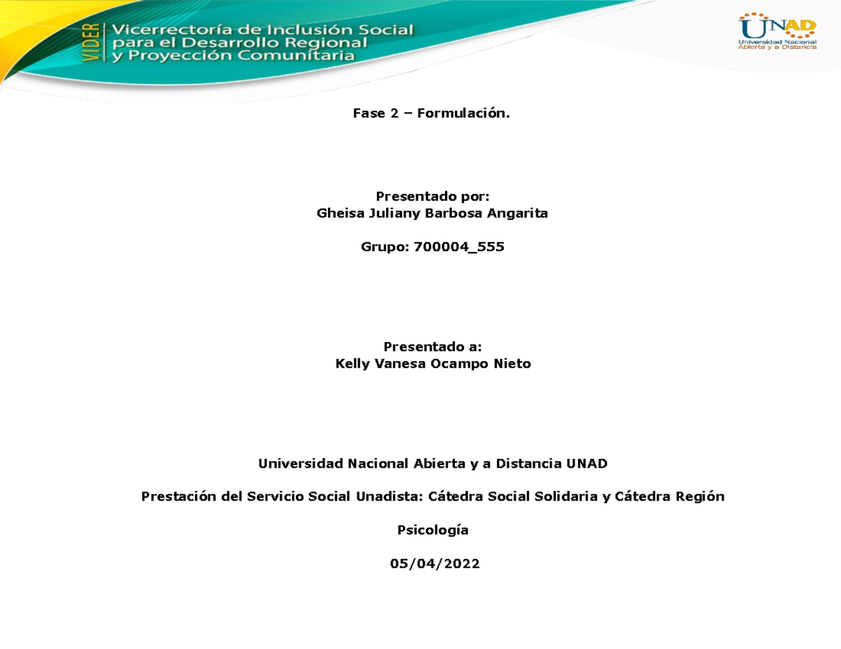 Fase 2 Formulaci n Trabajo Del Curso C tedra Unadista Fase 2 