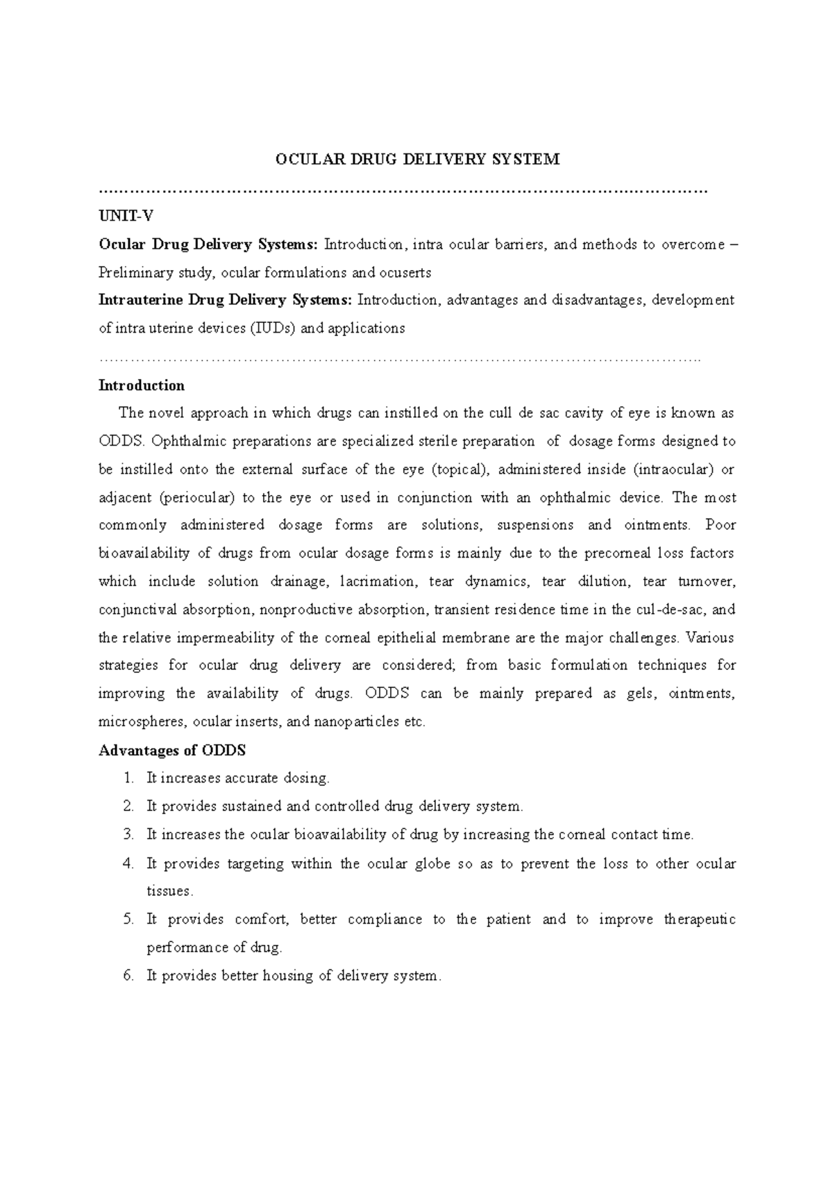 NDDS UNIT V - NDDS - OCULAR DRUG DELIVERY SYSTEM - Studocu