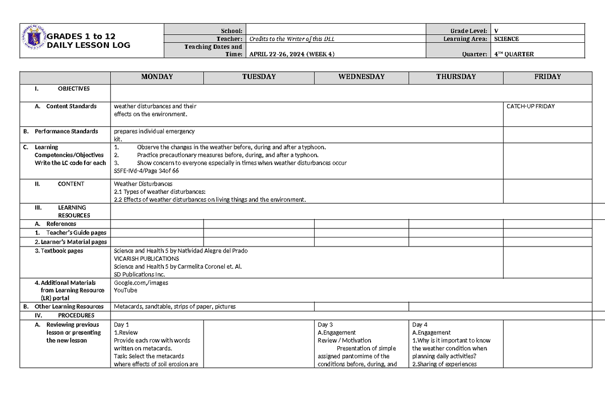 Grade 5 DLL Science 5 Q4 Week 4 - GRADES 1 to 12 DAILY LESSON LOG ...