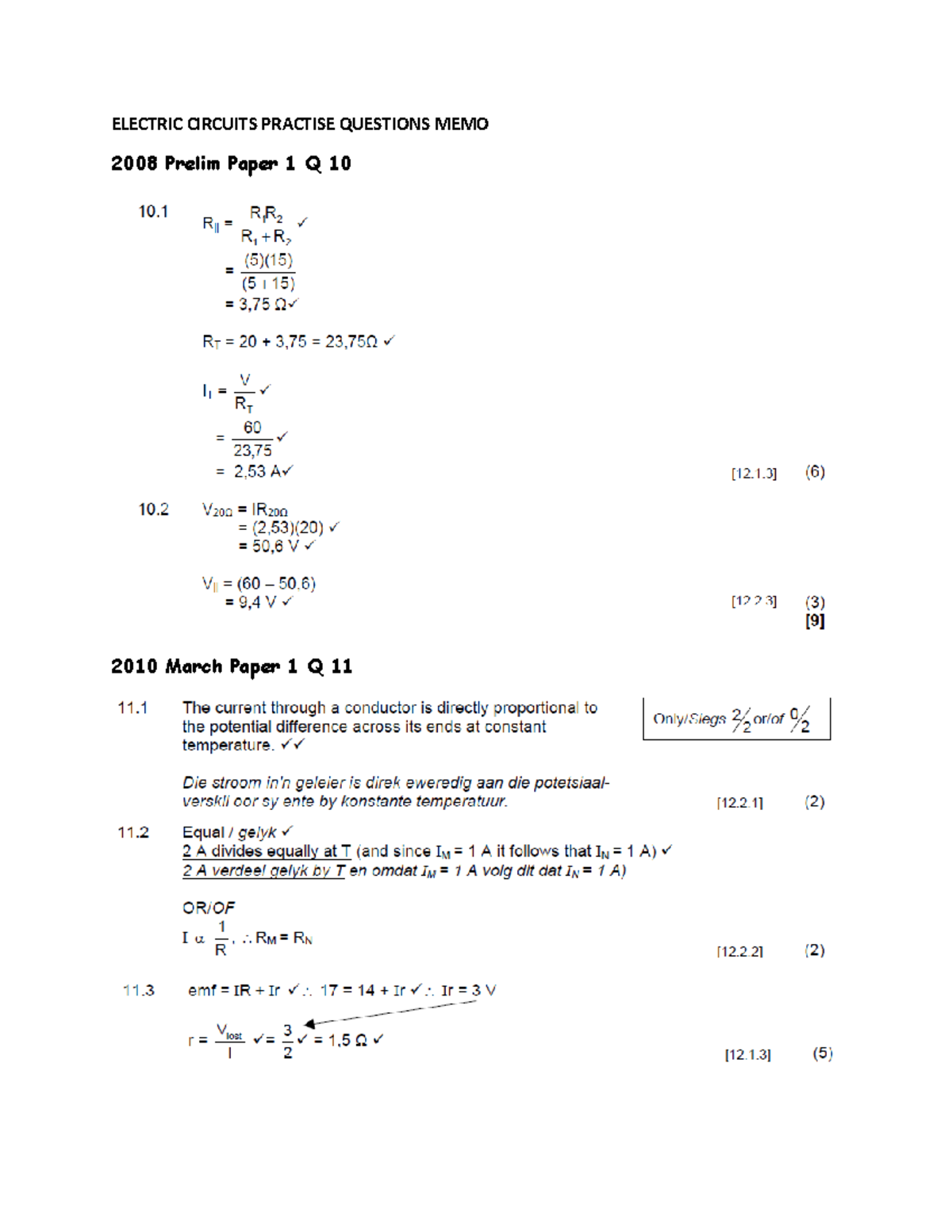 Electric circuits memo - ELECTRIC CIRCUITS PRACTISE QUESTIONS MEMO 2008 ...