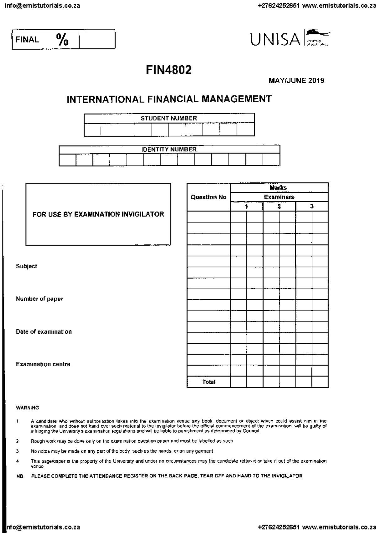 2019 June Exam Q & S Assignment/Past year paper 4 FIN MAY/JUNE 2019