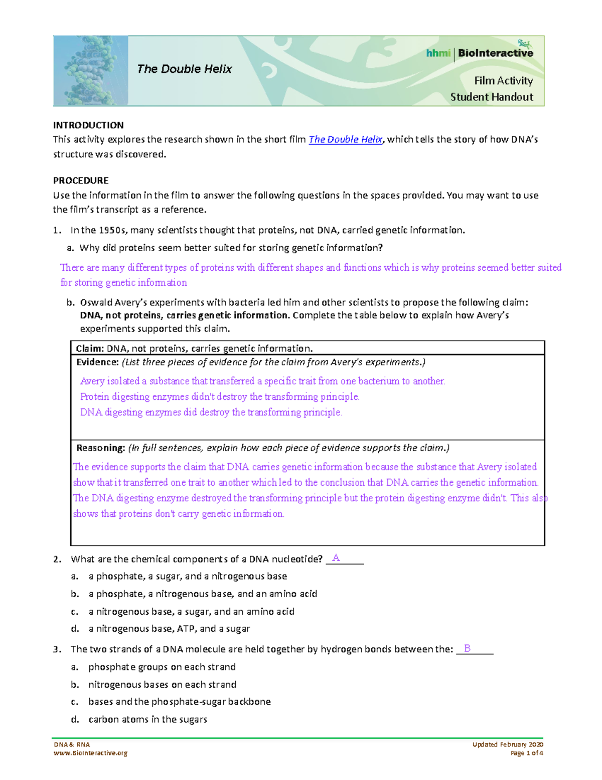 Kami Export - Double Helix-Student HO-film - BIOL 20 - Biology With Dna The Double Helix Worksheet