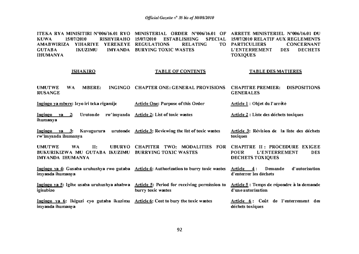 Ministerial Burrying Toxic Wastes - ITEKA RYA MINISITIRI N°006/16 RYO ...