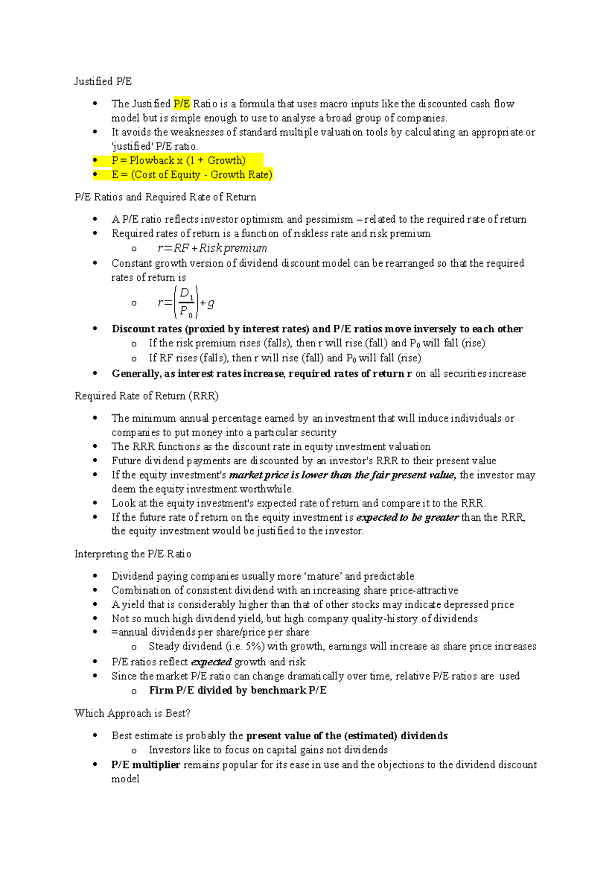 FI4007 Week 08 Lecture 01 - Justified P/E The Justified P/E Ratio is a ...
