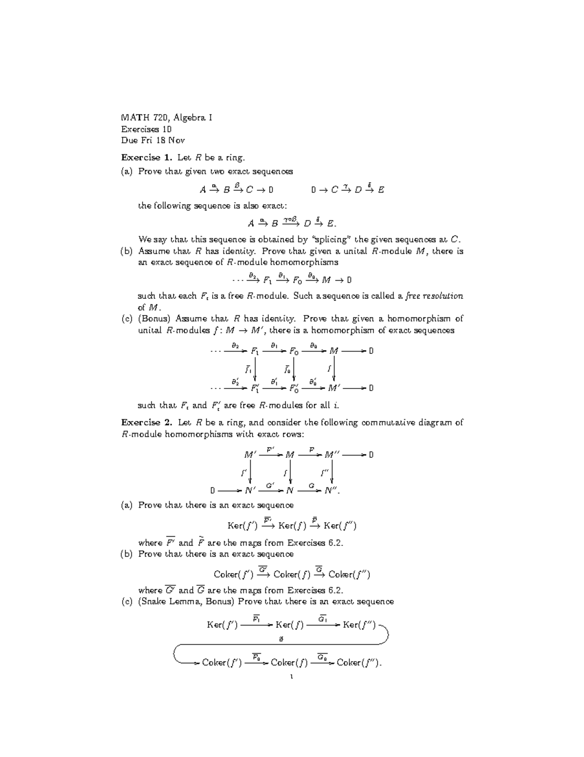 Math 720 - Homework 10 - MATH 720, Algebra I Exercises 10 Due Fri 18 ...