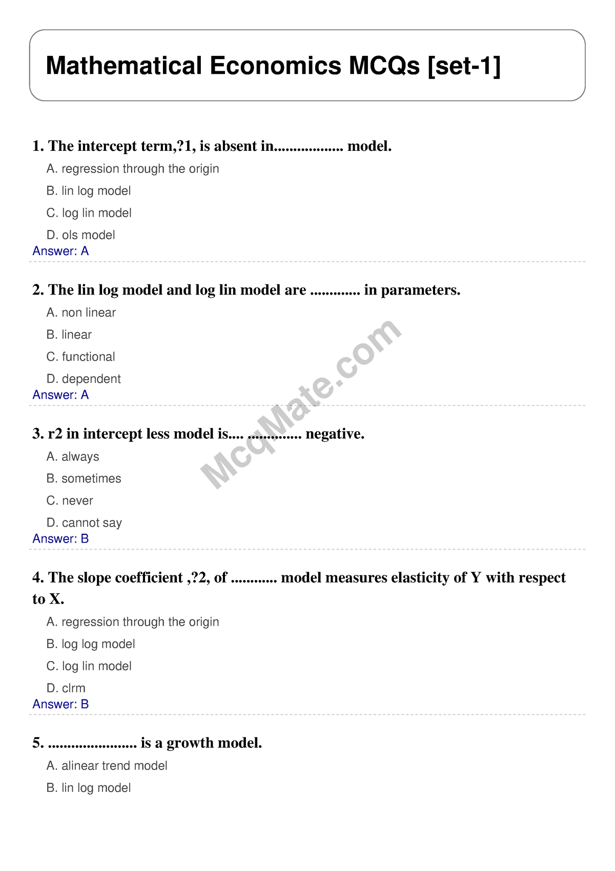 Mathematical Economics Solved MCQs [set-1] Mcq Mate.com - McqMate ...