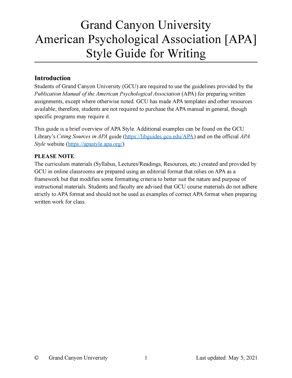 APA 7th edition style guide Grand Canyon University American