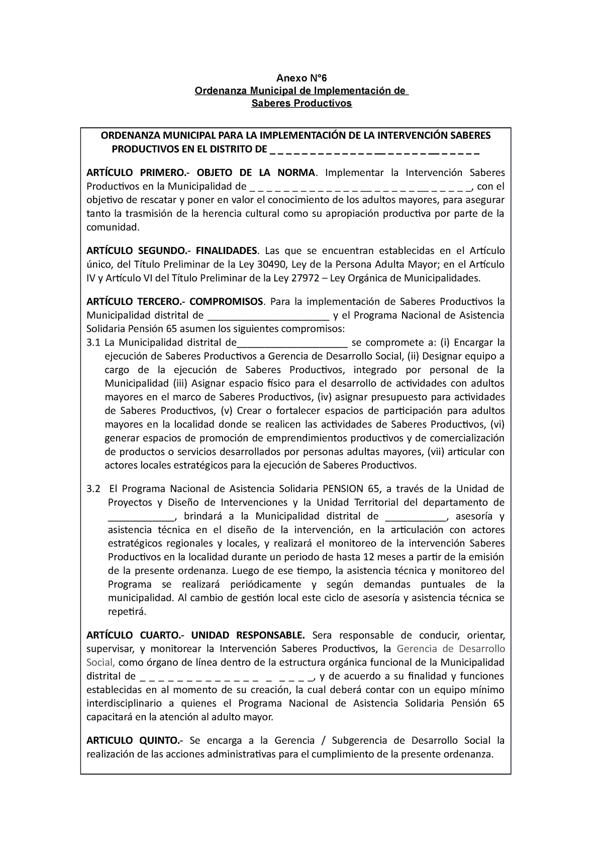 2. Modelo O.M - Anexo N° Ordenanza Municipal De Implementación De ...