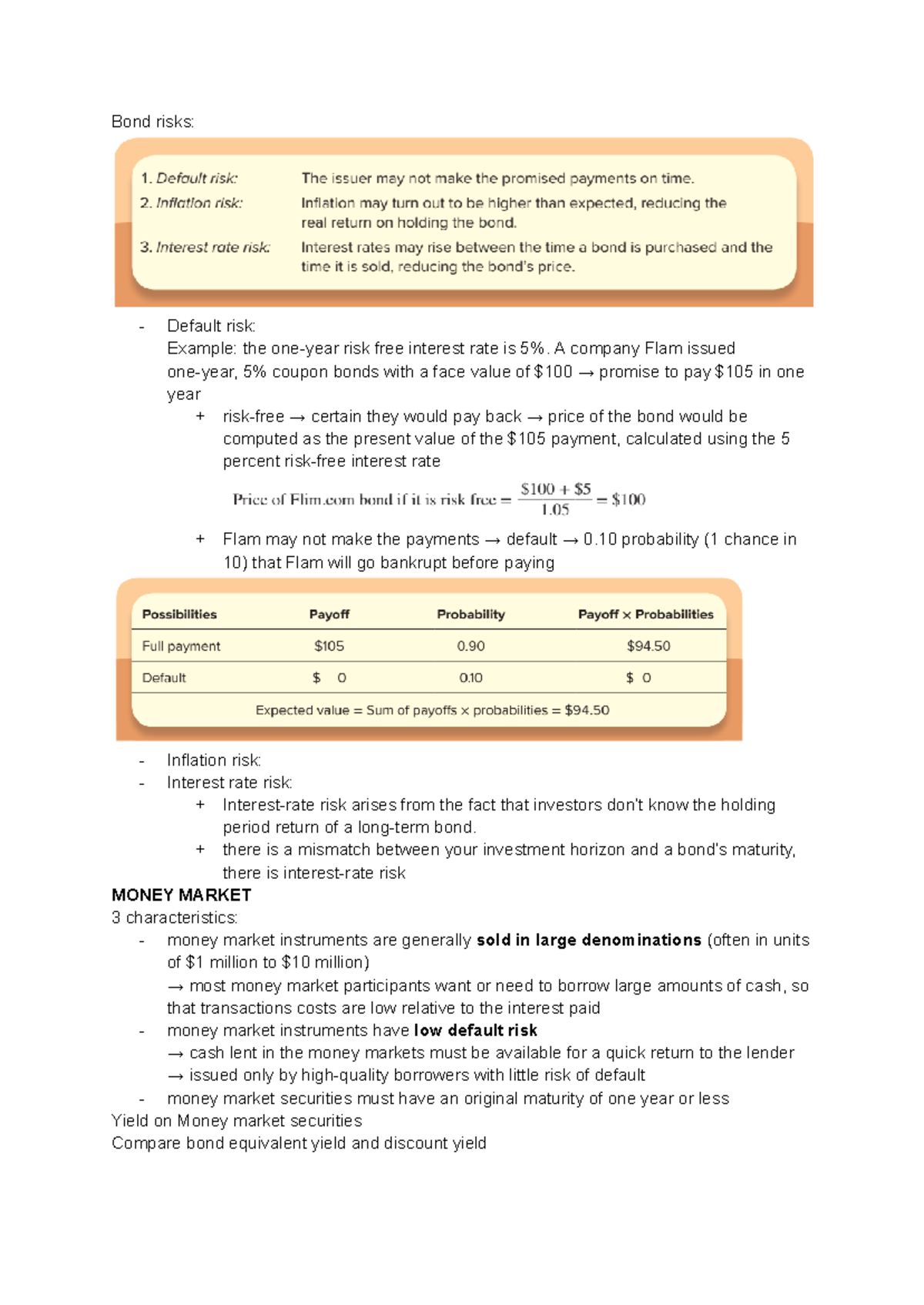 Final LTTC - Note taking summary - Bond risks: - Default risk: Example ...