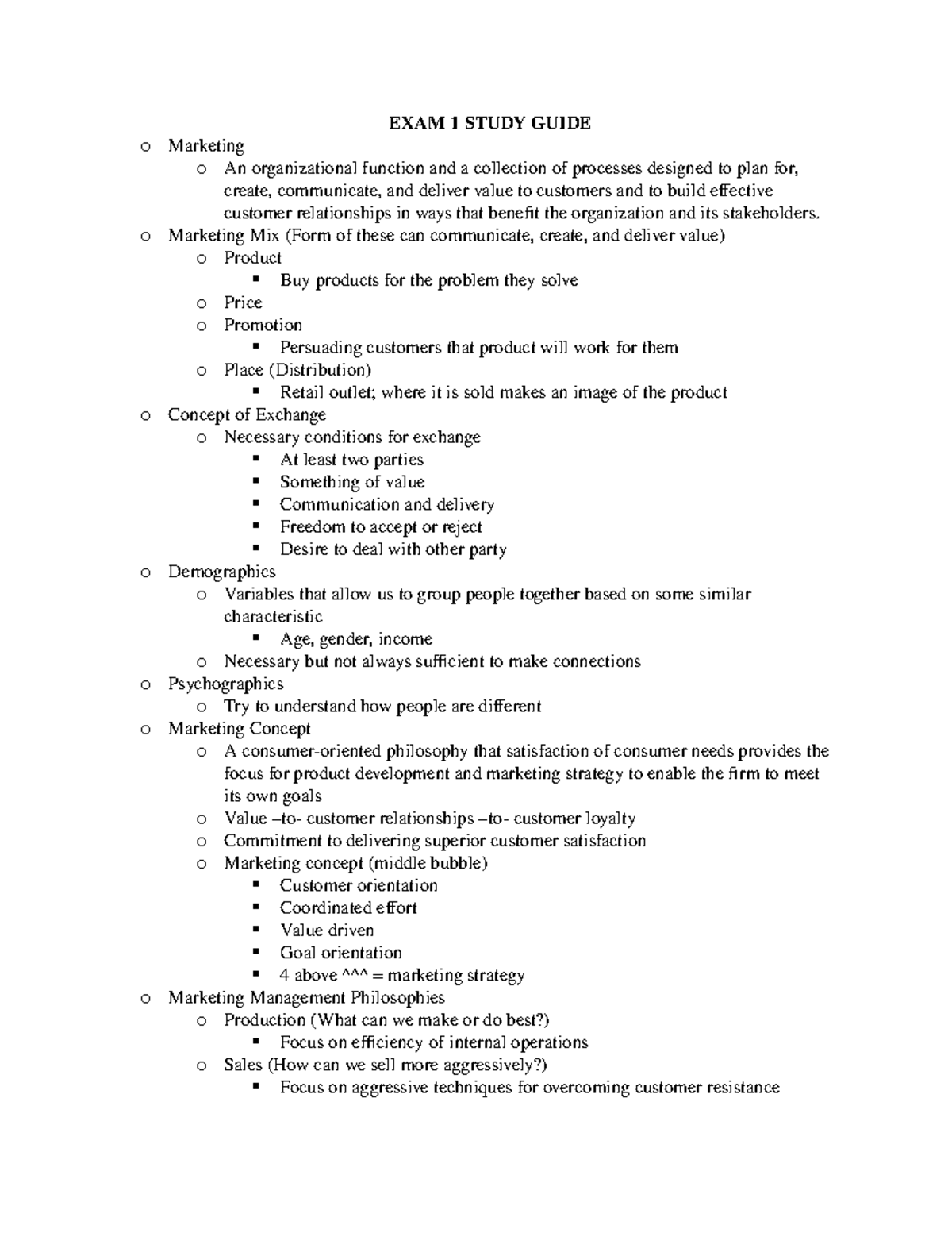 Exam 1 Study Guide - EXAM 1 STUDY GUIDE o Marketing o An organizational ...