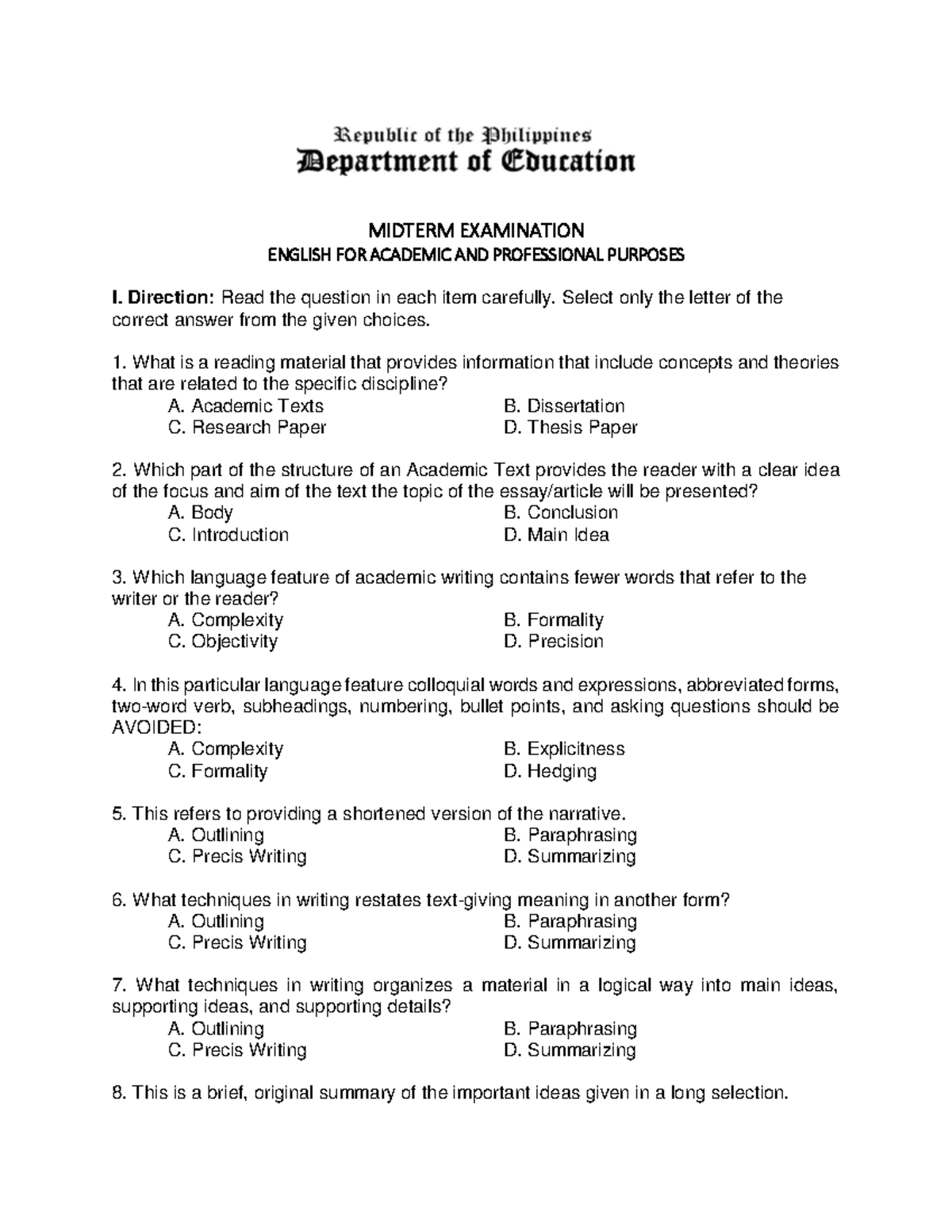 Midterm Examination EAPP 2020 2021 MIDTERM EXAMINATION ENGLISH FOR