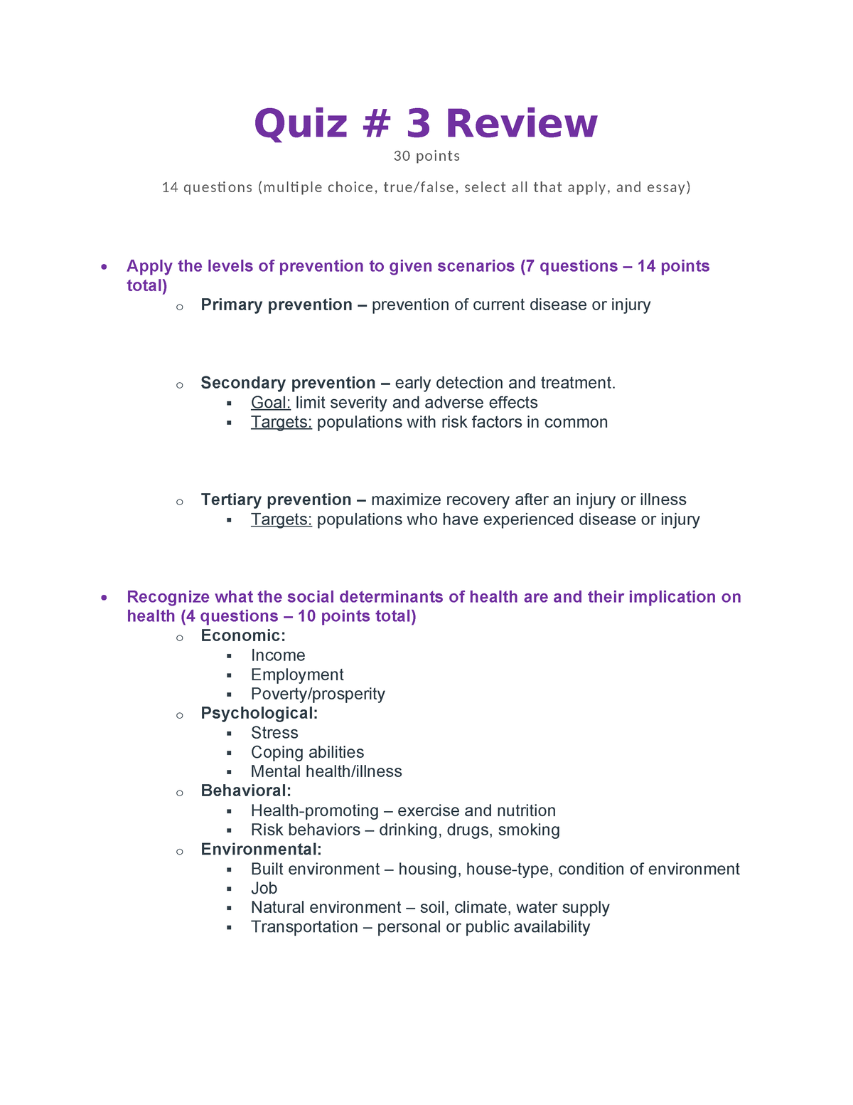 Quiz #3 review - Social determinants of health - Quiz # 3 Review 30 ...